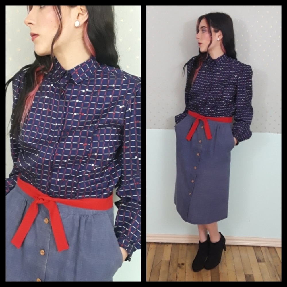 Vtg 80s red white navy blouse w/ red tie